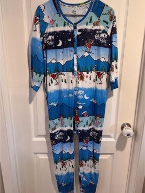 The Grinch Kids Footed One-Piece Pajama - Blue Holiday Print